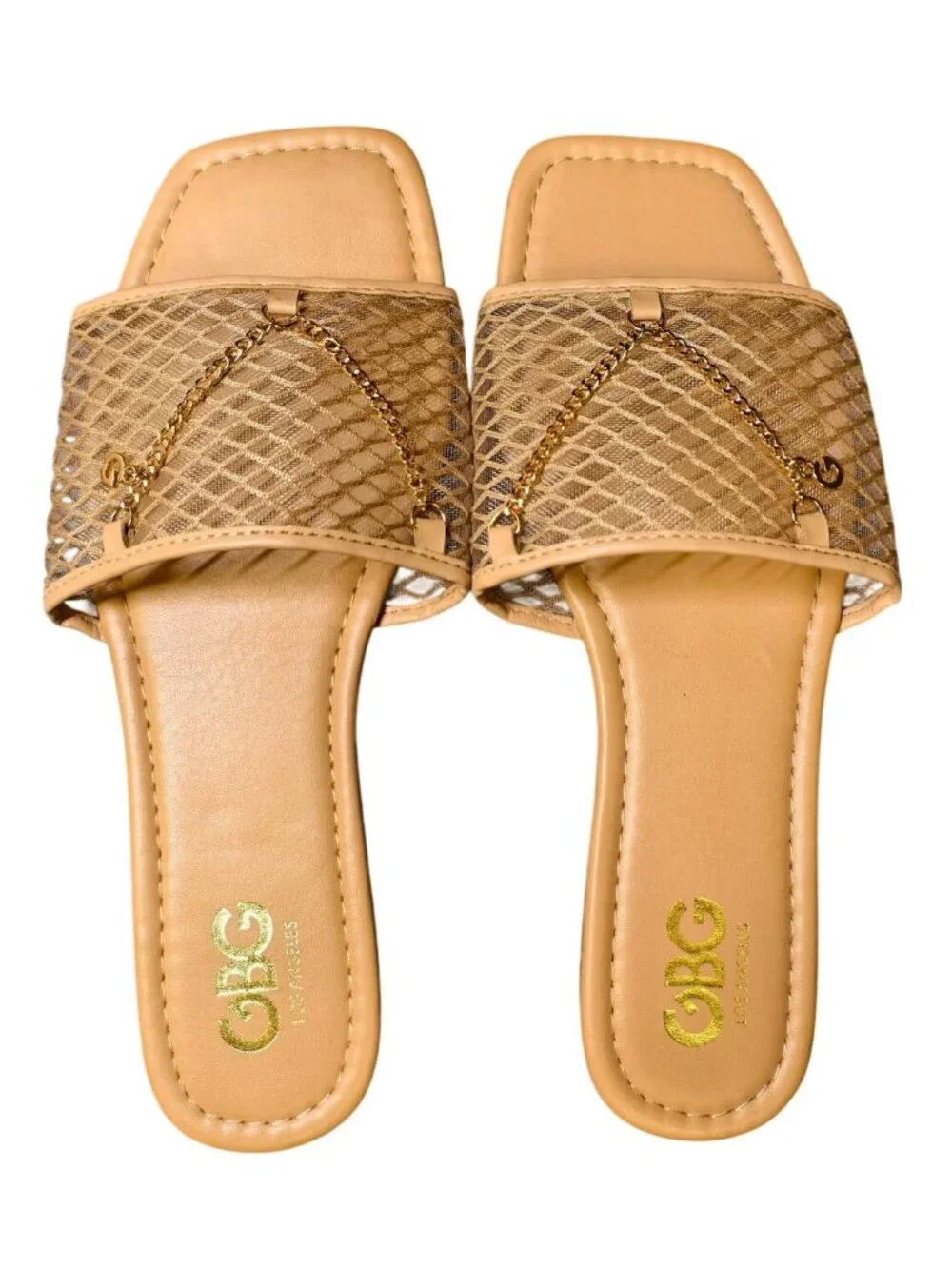 GBG Los Angeles Womens 10M Slide Sandals Tan Gold Chain 